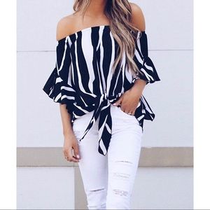 NEW-Wide B/W Stripes,Off Shoulder,Bell Sleeves Top